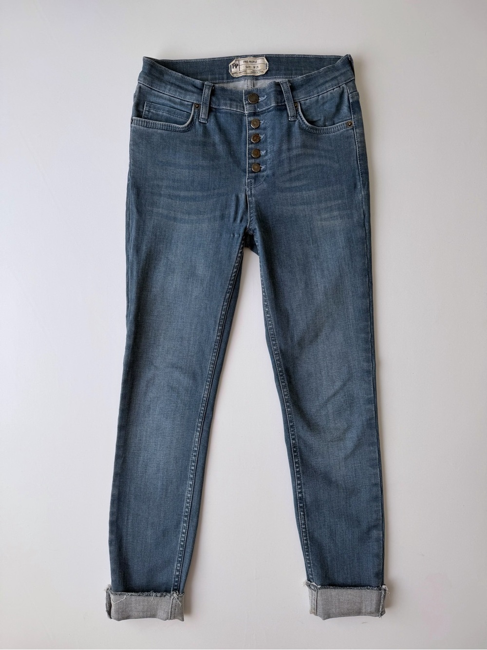 Free People Reagan Skinny Jeans Raw Hem Button Fly Light Wash Size 26